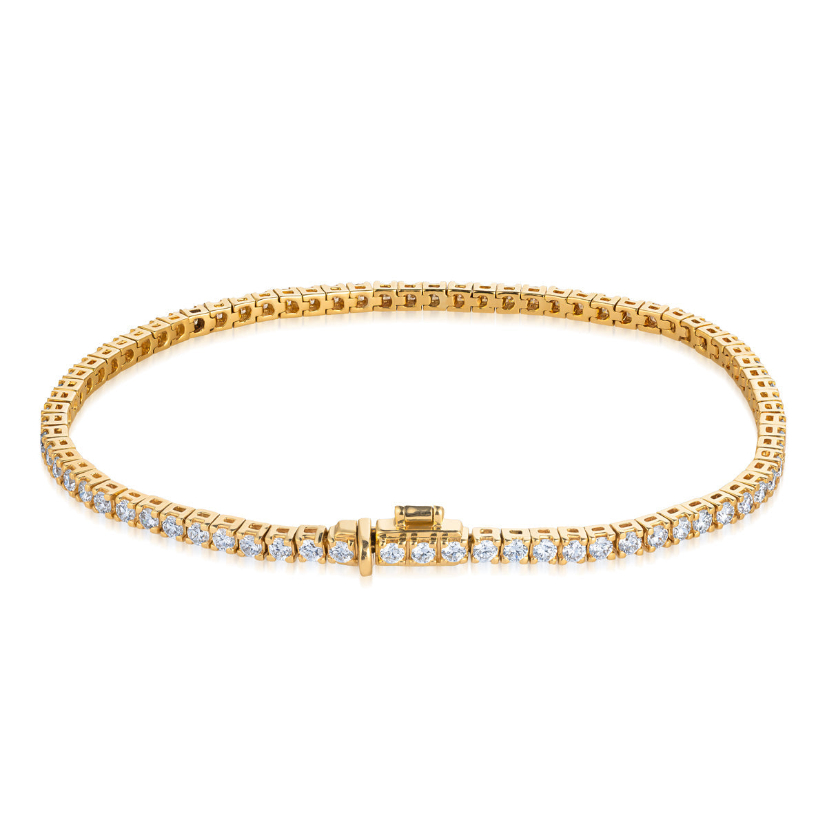 The Raffi&Co.® 14K Yellow Gold Round Brilliant Lab Diamond Tennis Bracelet features a single row of sparkling lab diamonds in square gold links with a secure clasp—an elegant and sustainable statement from Raffi&Co.