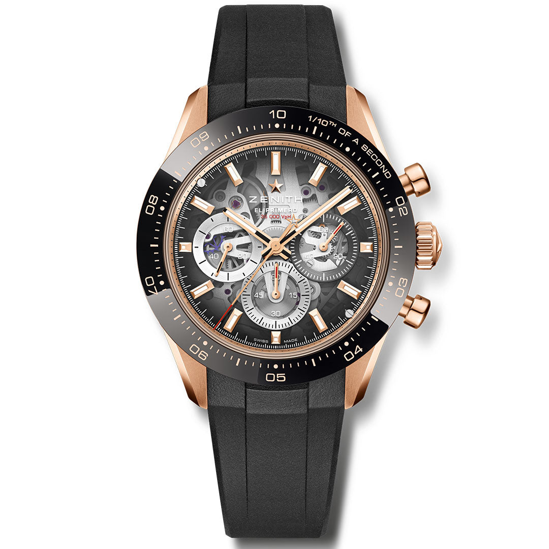 The Zenith Chronomaster Sport Skeleton El Primero 3600 SK is a 41mm luxury automatic chronograph with a rose gold case, black rubber strap, black bezel, and skeleton dial displaying the brand’s signature watchmaking and chronograph subdials.