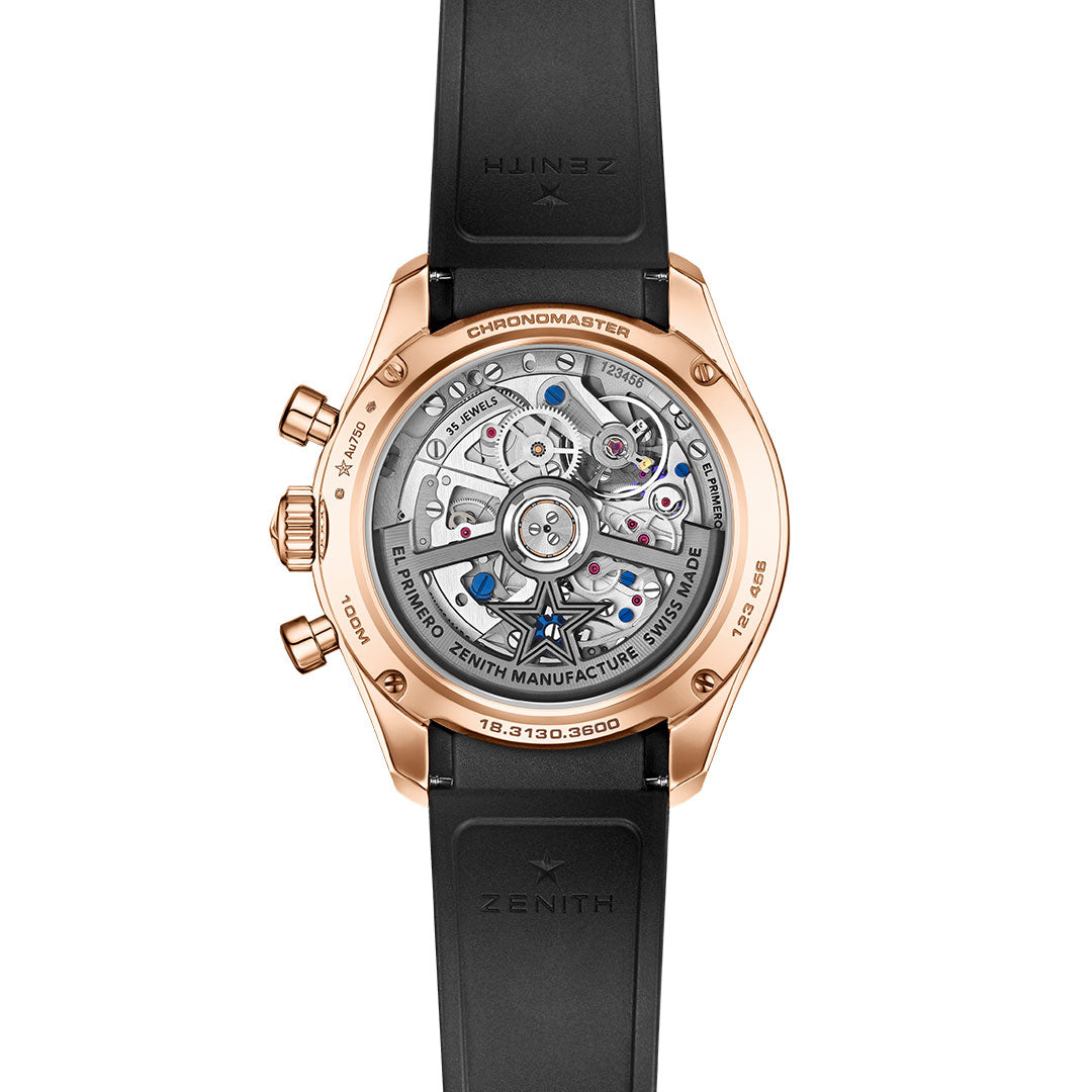 The image shows the back of a Zenith Chronomaster Sport Skeleton El Primero 3600 SK Automatic Chronograph 41mm Watch, featuring a transparent case that reveals its intricate movement, showcasing Zenith’s watchmaking expertise.