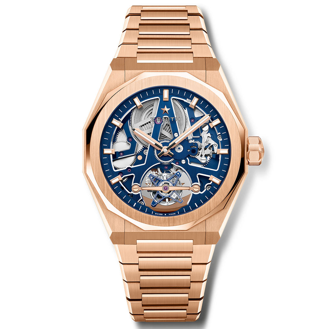 The Zenith Defy Skyline Tourbillon Skeleton El Primero 3630 SK Automatic 41mm Watch showcases a rose gold case and bracelet with a blue skeleton dial, revealing its intricate mechanics and featuring matching rose gold hour markers and hands.