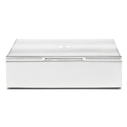 Introducing the WOLF 1834 Silver Watch Jewellery and Legacy Box by WOLF: a sleek, modern rectangular box with a hinged lid, textured silver-plating, and a subtle emblem on top. It features interior storage compartments and boasts a smooth front edge for easy opening.