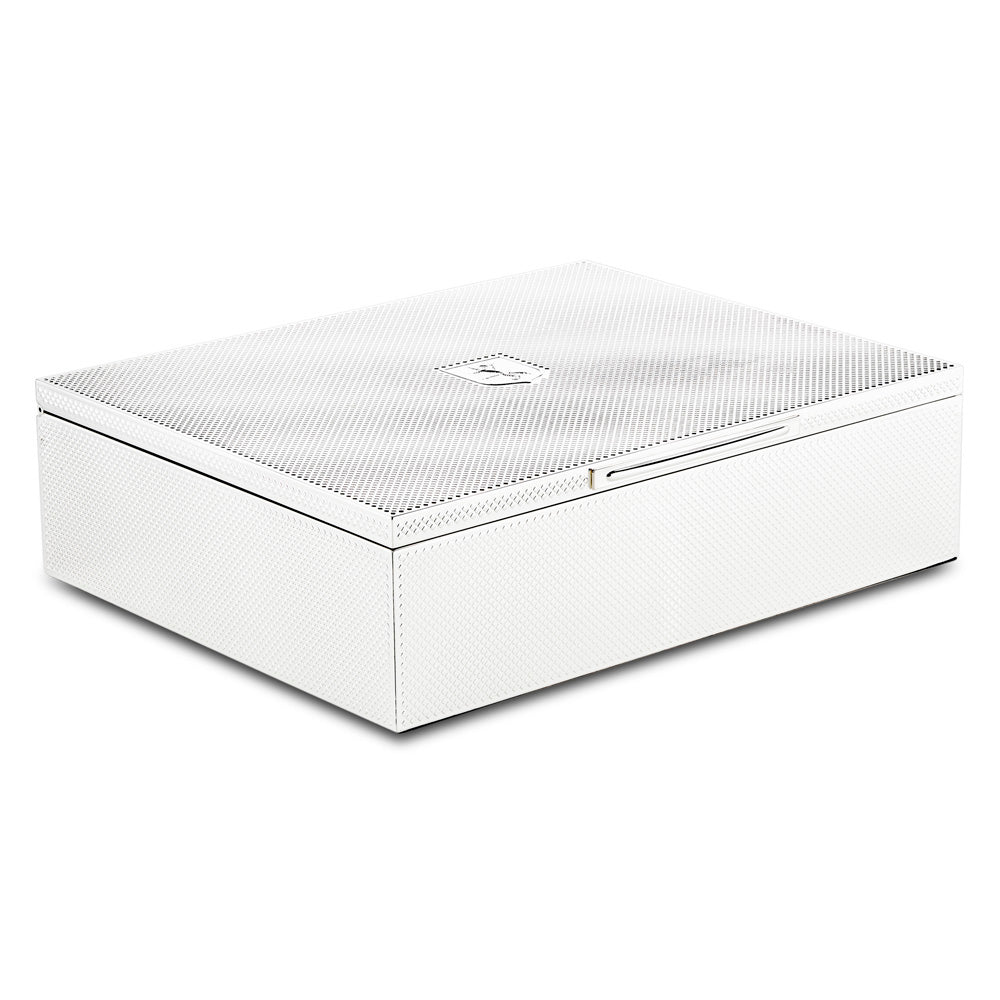 Introducing the WOLF 1834 Silver Watch Jewellery and Legacy Box by WOLF: A sophisticated, rectangular white box with a textured surface and subtle gray details. It boasts a refined silver-plated finish and features a small, centered logo on top that enhances its minimalist design. Inside, you’ll find an ultrasuede lining along with discreet storage compartments, combining elegance with functionality.
