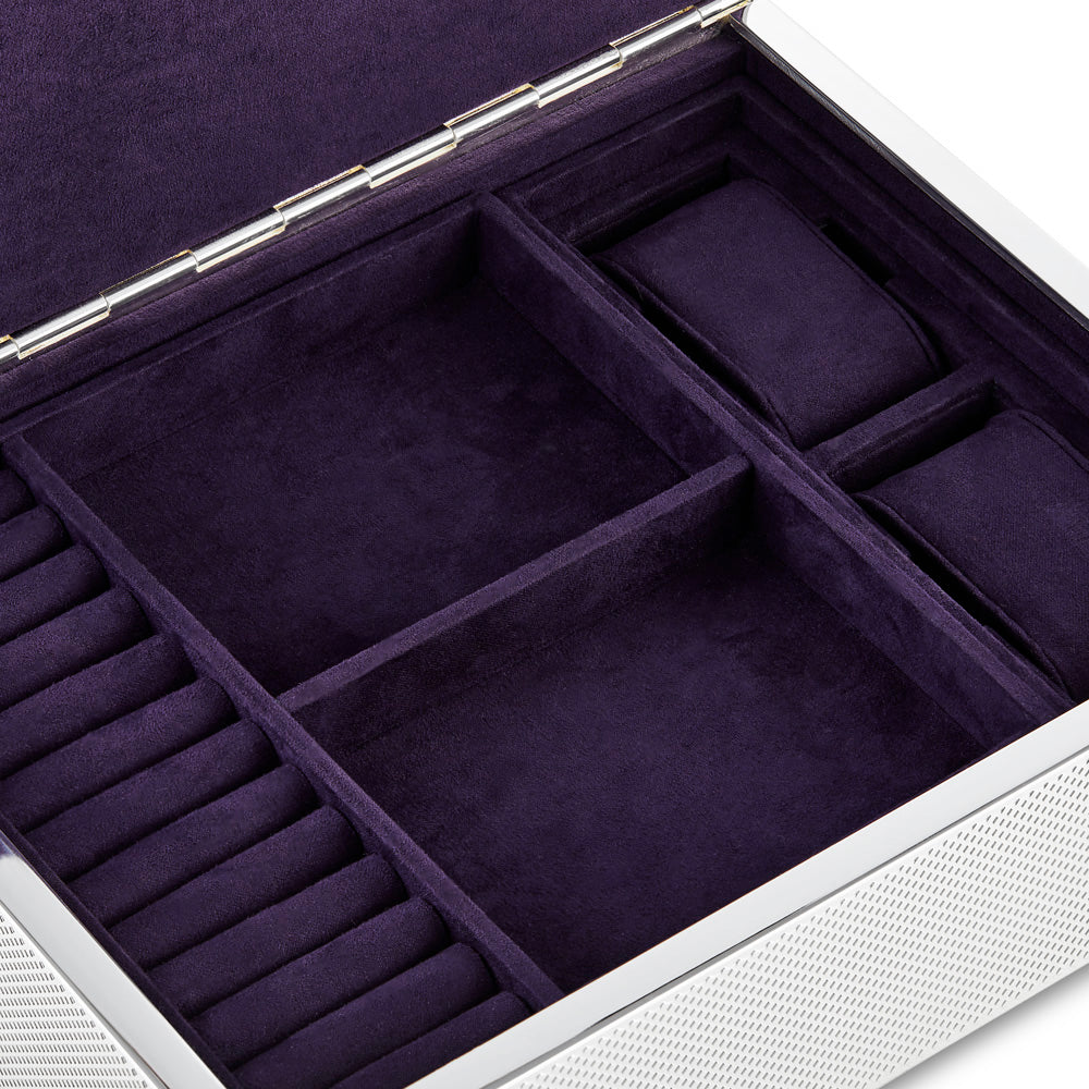 The WOLF 1834 Silver Watch Jewelry and Legacy Box by WOLF features a white textured exterior with a luxurious purple velvet ultrasuede lining, complete with storage compartments and slots for rings, watches, or other small accessories.