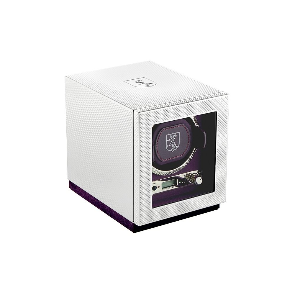 The WOLF 1834 Single Watch Winder Silver by WOLF is a white, box-shaped winder with a transparent front door that elegantly showcases one watch inside. Featuring a textured finish reminiscent of fine luxury timepiece accessories, the box is topped with the prominently placed WOLF logo.