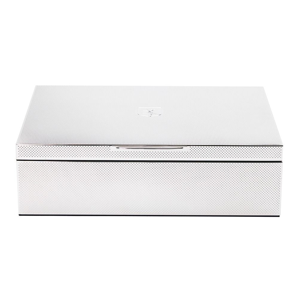 The WOLF 1834 Large Watch/Jewellery & Legacy Box by WOLF features a rectangular, silver-plated design with a textured surface and a subtle emblem at the top center, beautifully photographed against a white background—an elegant solution for storing your watches and jewelry.