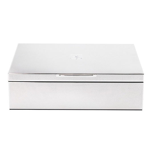 The WOLF 1834 Large Watch/Jewellery & Legacy Box by WOLF features a rectangular, silver-plated design with a textured surface and a subtle emblem at the top center, beautifully photographed against a white background—an elegant solution for storing your watches and jewelry.