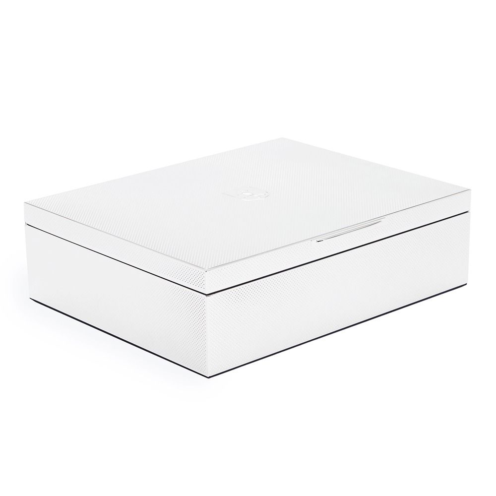 A WOLF 1834 Large Watch/Jewellery & Legacy Box by WOLF, featuring a white rectangular textured design with a hinged lid, is displayed from an angle against a plain white background.
