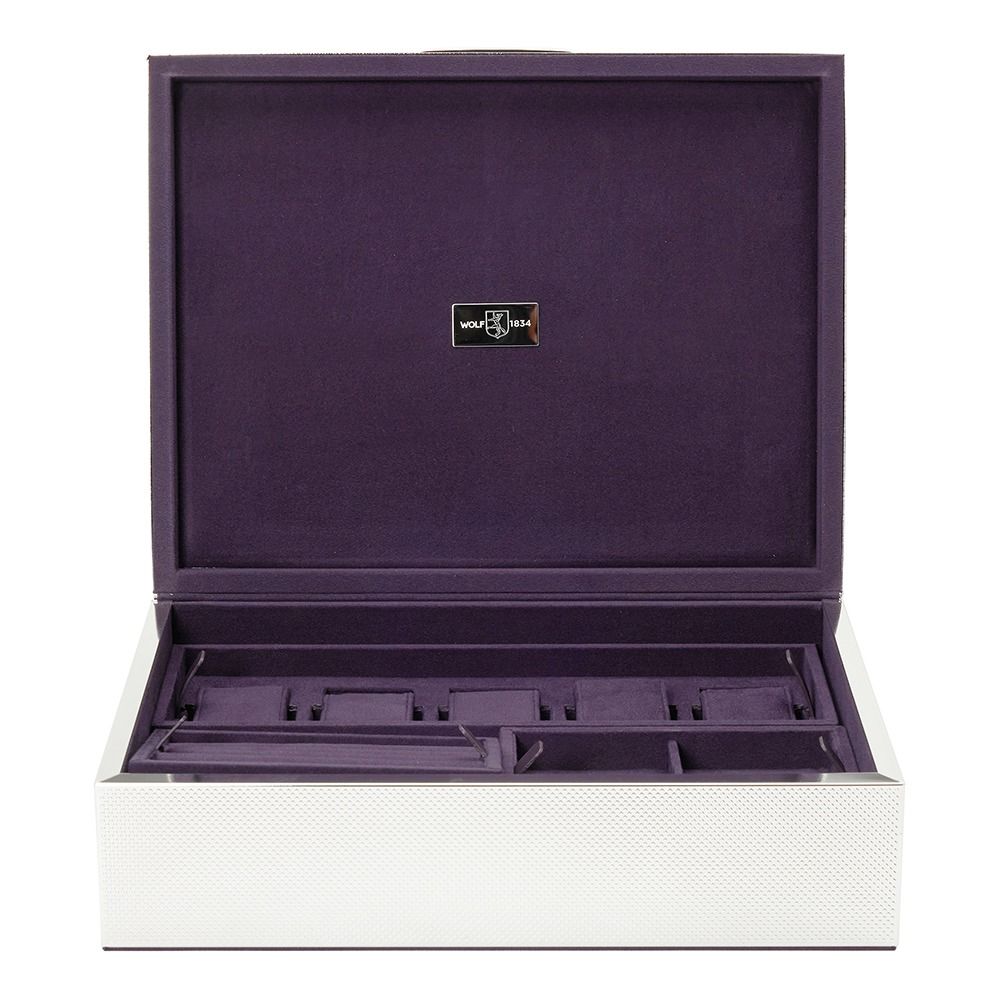 The WOLF 1834 Large Watch/Jewellery & Legacy Box by WOLF features a stunning silver-plated design with a hinged lid that opens to reveal a purple velvet-lined interior, complete with multiple compartments for elegant watch and jewelry storage. Inside the lid, a commemorative WOLF 190th anniversary logo plaque adds a special touch.