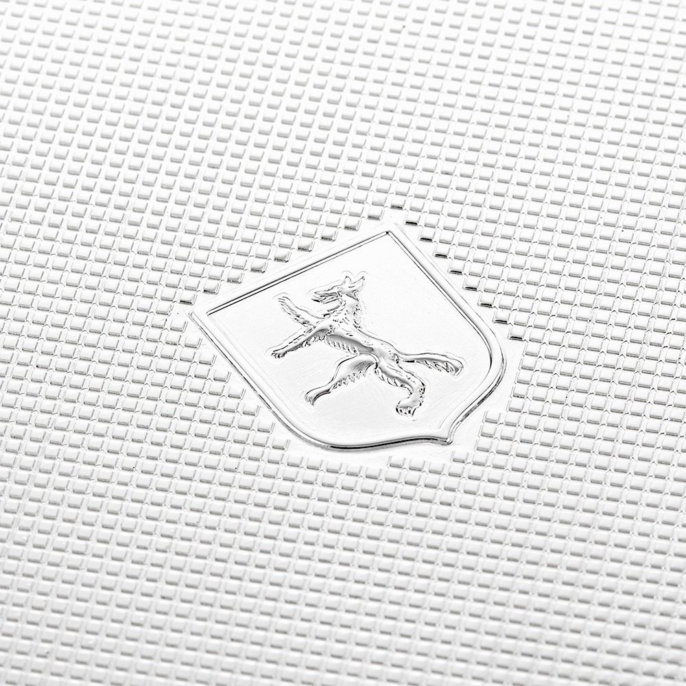 An intricately textured silver surface boasts an embossed shield centered with a lion standing on its hind legs, echoing the enduring elegance of the WOLF 1834 Large Watch/Jewellery & Legacy Box by WOLF—an ideal choice for sophisticated watch and jewelry storage.