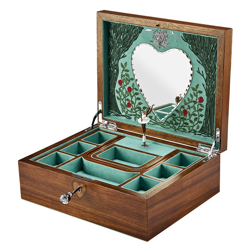 The WOLF 1834 Ballet Musical Jewellery Box - Sleeping Beauty Walnut Wood features teal velvet-lined compartments, an ornate heart-shaped mirror, a ballerina figurine, and floral accents with red flowers inside.