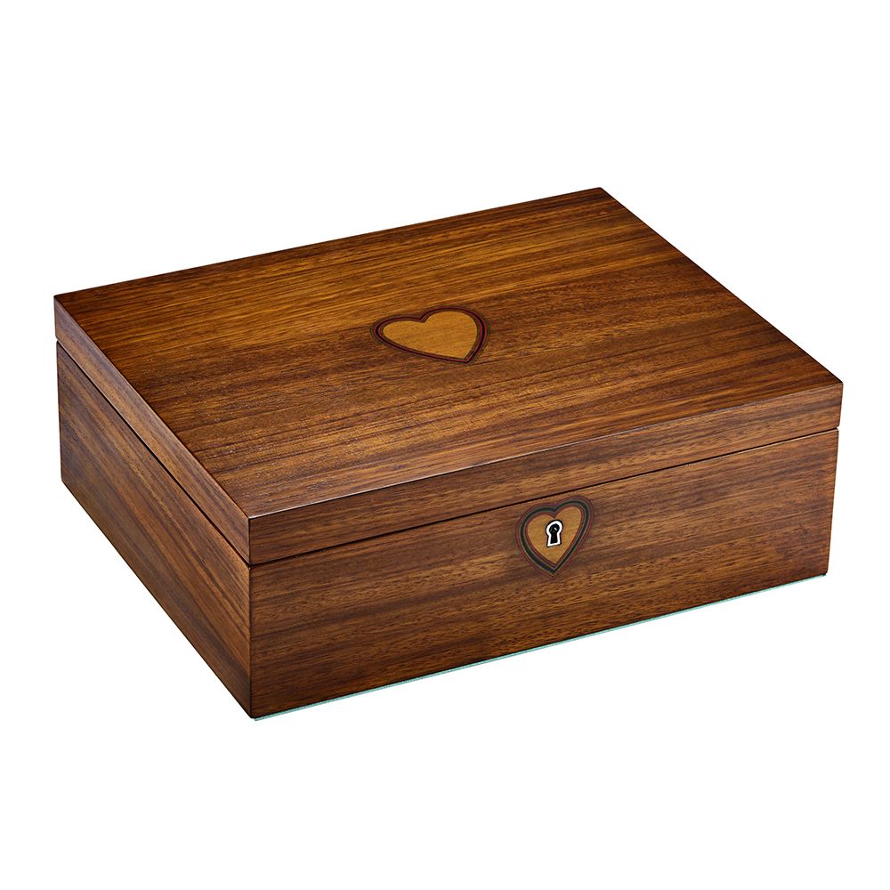 The WOLF 1834 Ballet Musical Jewellery Box in walnut wood features a smooth, rectangular design adorned with a heart-shaped lid and a heart around the keyhole, inspired by Sleeping Beauty.
