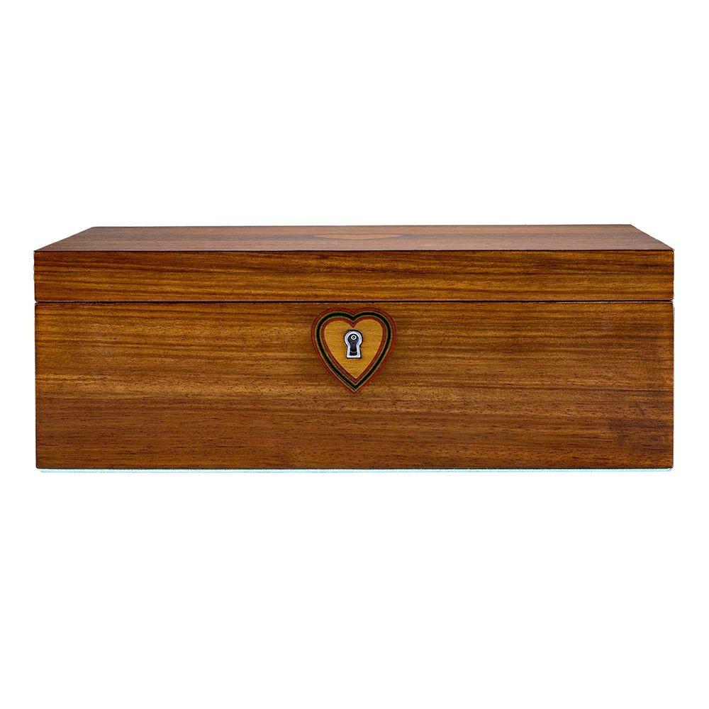 The WOLF 1834 Ballet Musical Jewellery Box - Sleeping Beauty features elegant walnut wood with a smooth finish, a heart-shaped keyhole at the center, and a classic design—displayed against a white background.