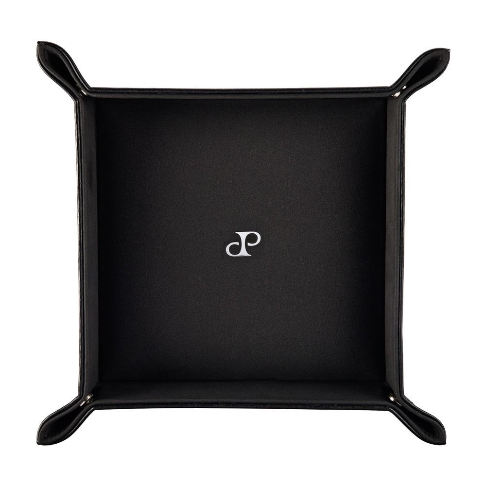 The WOLF 1834 Philipp Snap Valet Tray by WOLF features raised corners and a central silver "dp" logo, shown from above on a white background.