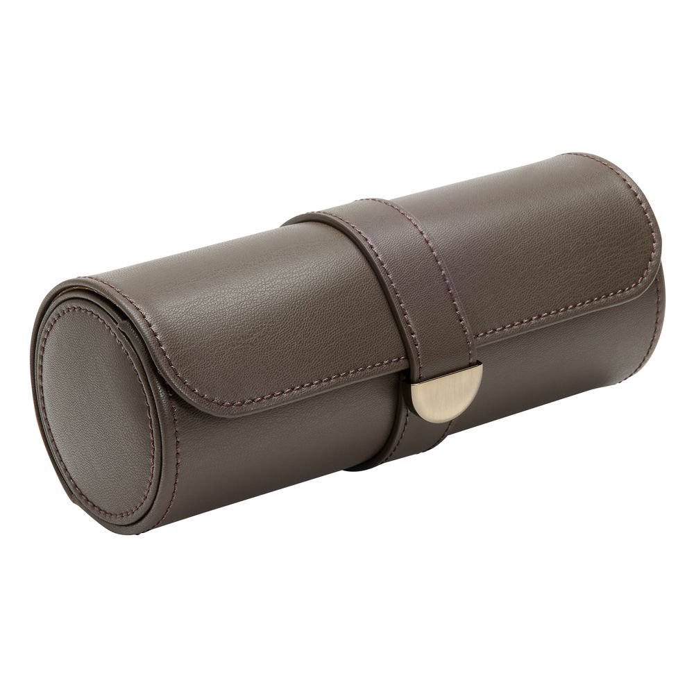 The WOLF 1834 Earth Triple Watch Roll by WOLF is a cylindrical brown apple leather travel case with a flap closure and metal clasp, designed to securely hold up to three watches or jewelry items.