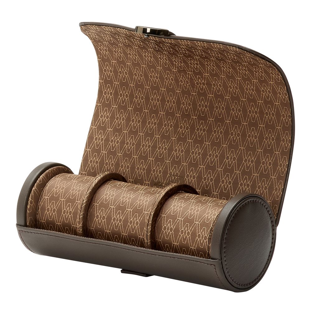 The WOLF 1834 Earth Triple Watch Roll by WOLF is a brown and tan cylindrical travel case with a hinged lid, iconic monogram pattern, and three compartments—ideal for stylish, safe watch storage on the go.