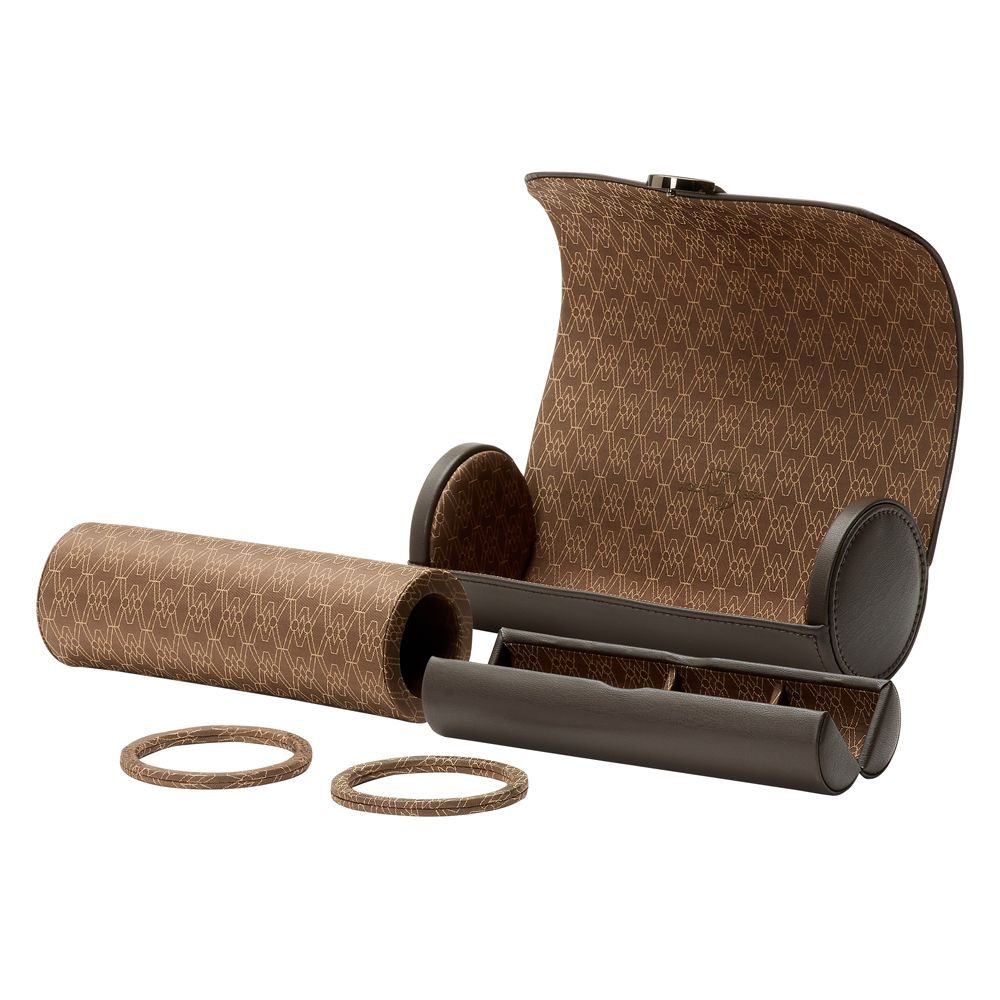 The WOLF 1834 Earth Triple Watch Roll by WOLF, in a brown patterned apple leather finish, is open on a white background to display two cylindrical containers and two matching circular bands with the same design.