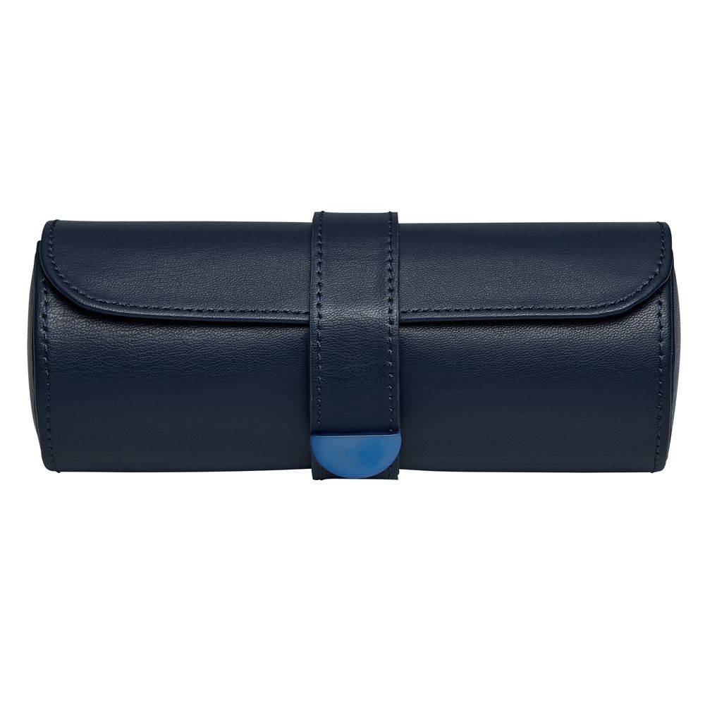 The WOLF 1834 Earth Triple Watch Roll by WOLF is a navy apple leather cylindrical watch roll featuring a flap closure and central strap with metallic clasp, shown against a white background.