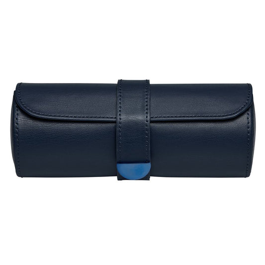 The WOLF 1834 Earth Triple Watch Roll by WOLF is a navy apple leather cylindrical watch roll featuring a flap closure and central strap with metallic clasp, shown against a white background.