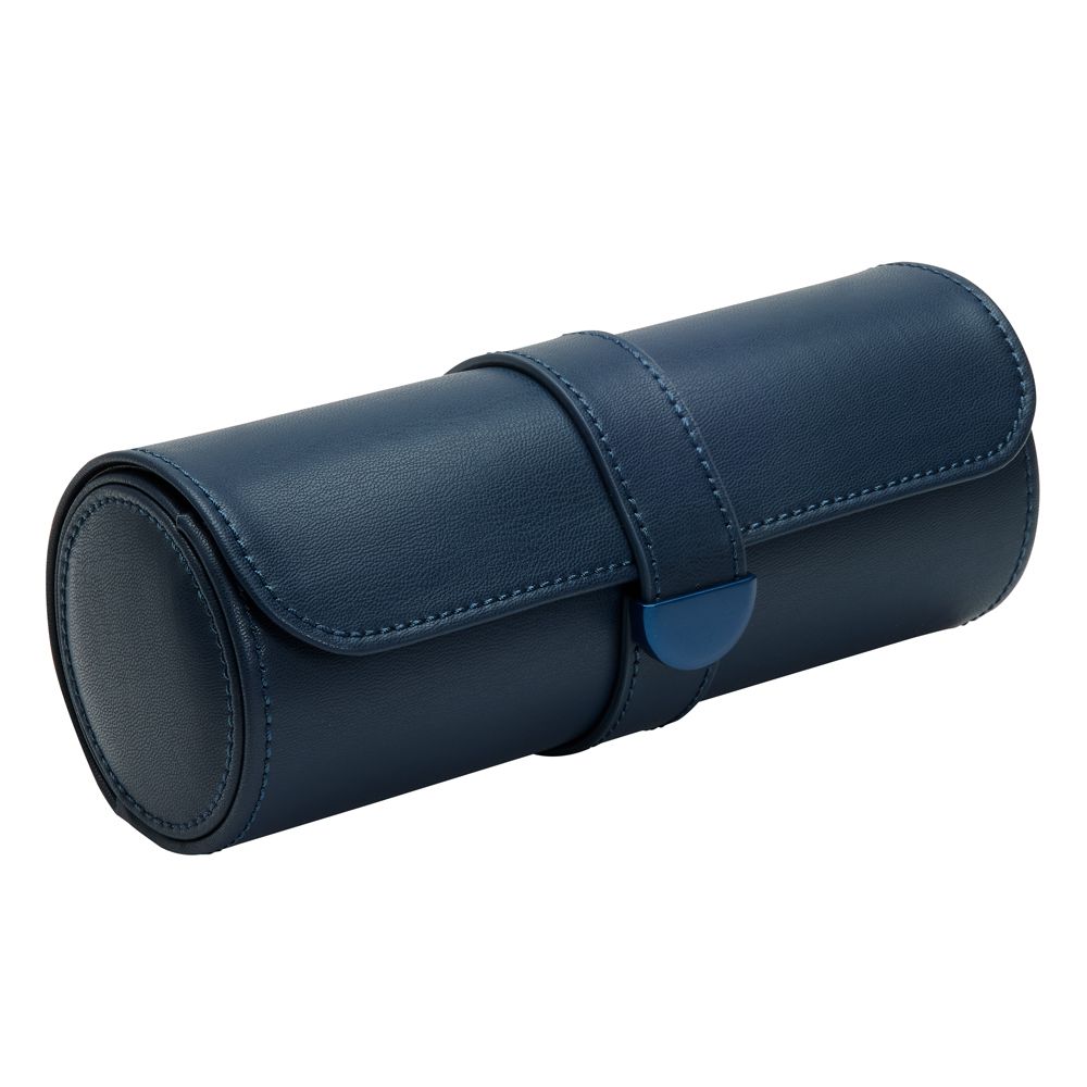 The WOLF 1834 Earth Triple Watch Roll by WOLF is a cylindrical navy blue case made from apple leather, featuring stitched edges and a snap closure—ideal for storing or traveling with your watches.