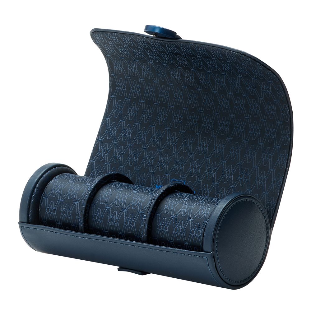 The WOLF 1834 Earth Triple Watch Roll by WOLF is a blue apple leather cylindrical travel case with a patterned exterior, secure button clasp, and three compartments for storing watches.