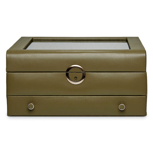 Introducing the WOLF 1834 Earth Watch Stand Box - a limited edition offering by WOLF. This elegant green leather jewelry box comes with a transparent top panel that is ideal for watch storage. It features a distinctive round silver locking mechanism in the center, along with two metallic knobs on the front for convenient access, making it an exceptional choice for sophisticated packaging.