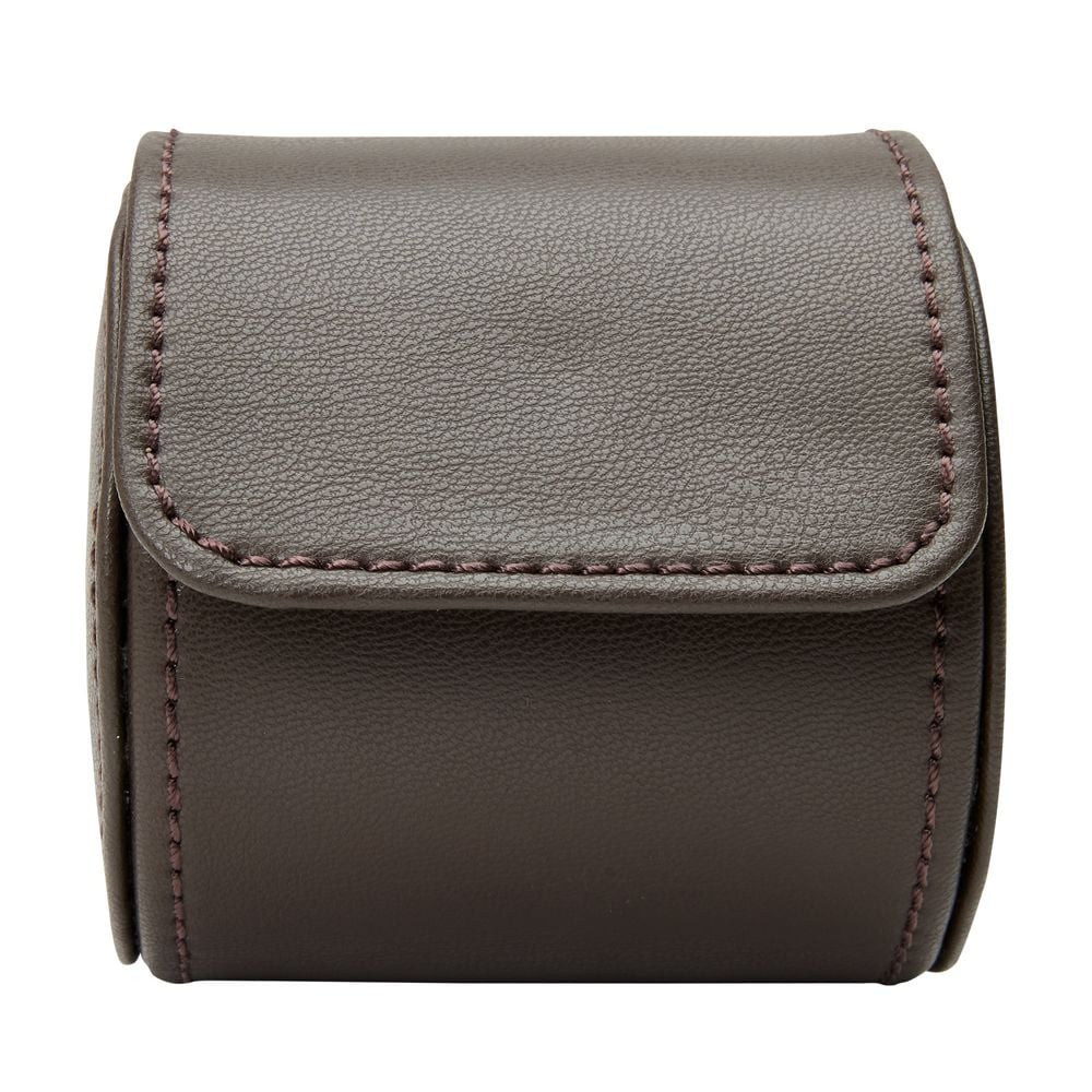 The WOLF 1834 Earth Single Watch Roll by WOLF is a closed brown leather case with visible edge stitching, designed to store one watch, shown from the front against a white background.