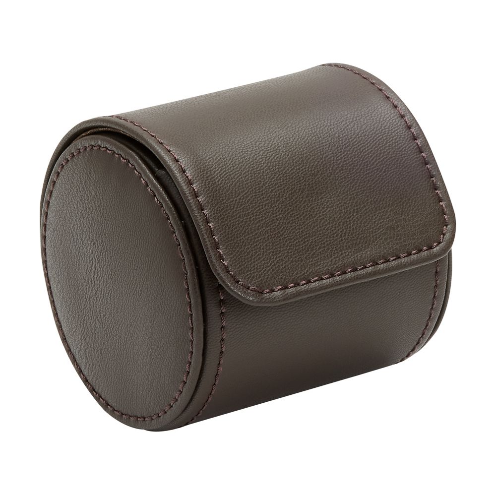 The WOLF 1834 Earth Single Watch Roll by WOLF is a brown cylindrical leather case with neat edge stitching, a rounded top flap, and a soft recycled satin interior—perfect for storing one watch securely.