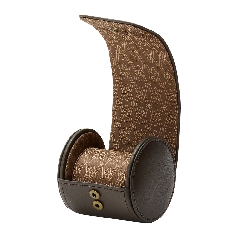 The WOLF 1834 Earth Single Watch Roll by WOLF is a brown cylindrical apple leather case with gold snaps and an open hinge, revealing a recycled satin interior lined with a repeating geometric pattern—ideal for storing one watch.