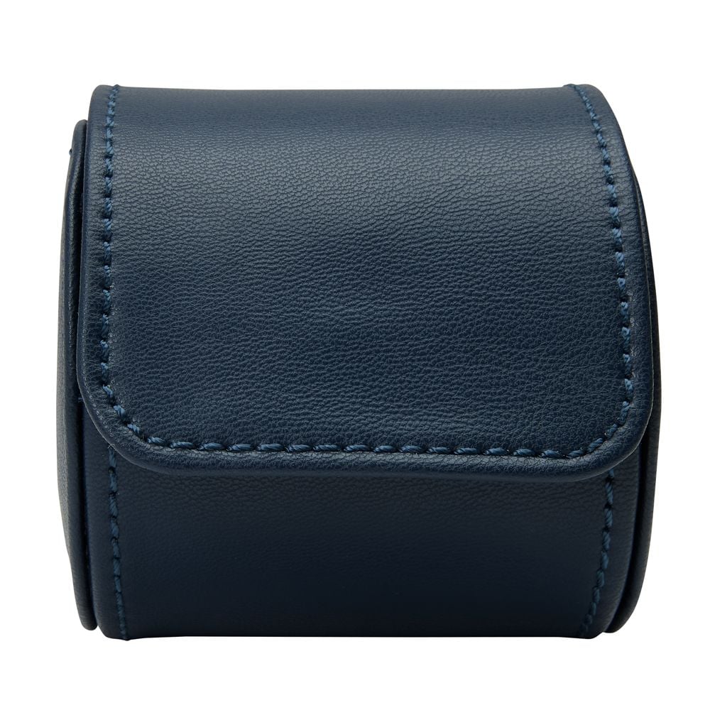 The WOLF 1834 Earth Single Watch Roll by WOLF is a closed, navy blue apple leather watch roll with visible edge stitching and a recycled satin interior, displayed against a white background.