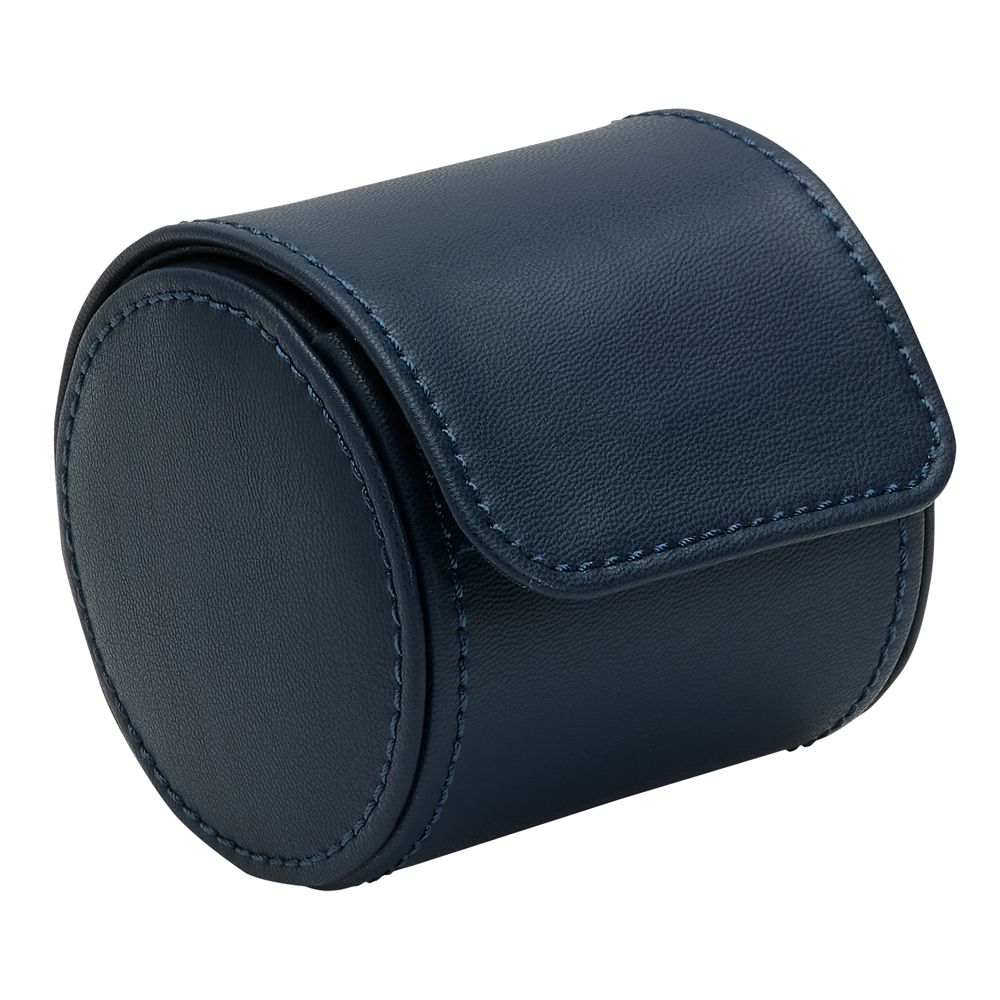 The WOLF 1834 Earth Single Watch Roll by WOLF is a dark blue cylindrical apple leather case with a flap closure, stitched edges, smooth finish, single watch storage, and a soft recycled satin interior.