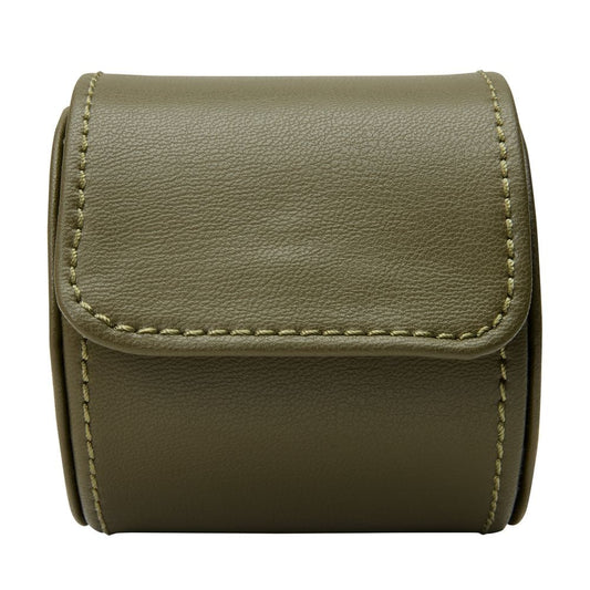 The WOLF 1834 Earth Single Watch Roll by WOLF is an olive green leather pouch with a flap closure and beige stitching, designed for storing one watch, displayed against a white background.