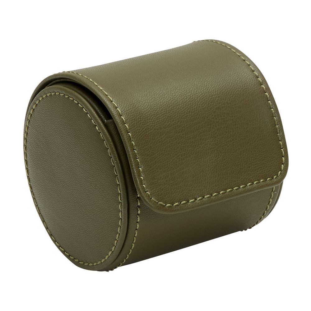 The WOLF 1834 Earth Single Watch Roll by WOLF is an olive green, cylindrical leather case with a rounded flap, visible stitching, smooth texture, structured shape, and recycled satin interior for secure single watch storage or travel.