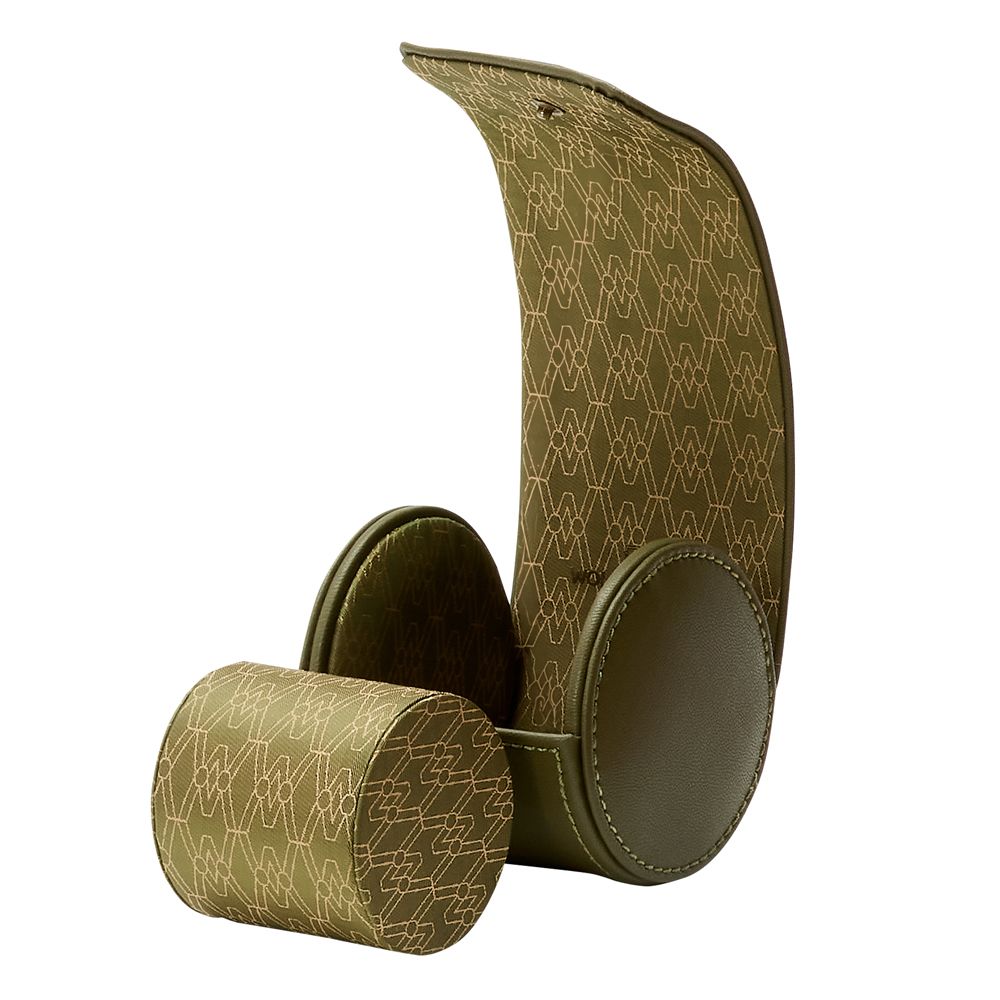 The WOLF 1834 Earth Single Watch Roll by WOLF is a green cylindrical apple leather case with a hinged lid, gold recycled satin interior, and a matching removable cushion for single watch storage, shown open to reveal its interior.