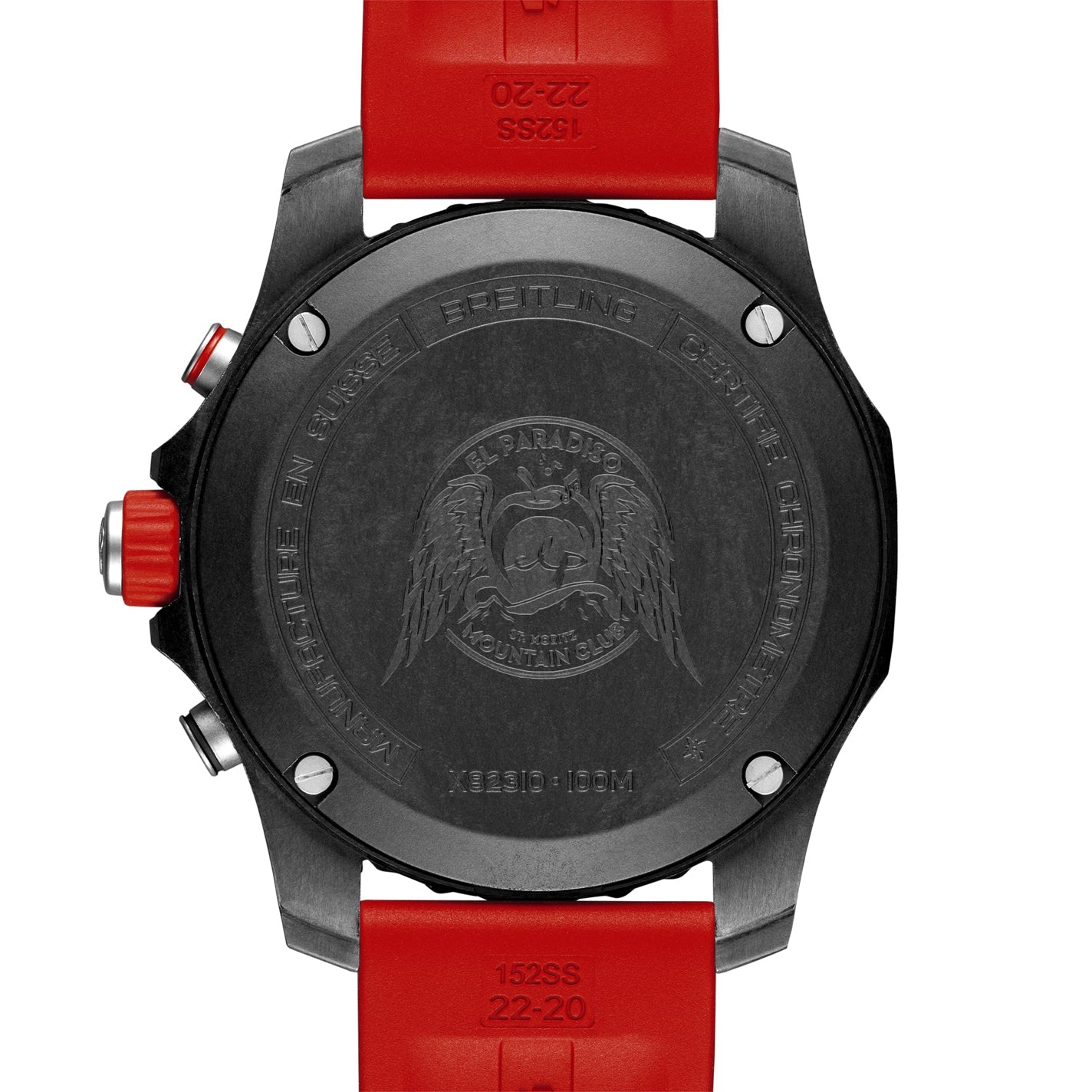 The back of the BREITLING Endurance Pro, a watch featuring a sleek black design with a striking red strap, showcases a winged emblem on the case back. This Swiss-made timepiece by Breitling features two red buttons on the side and is water-resistant up to 100 meters, highlighting its enhanced durability through Breitlight® technology.