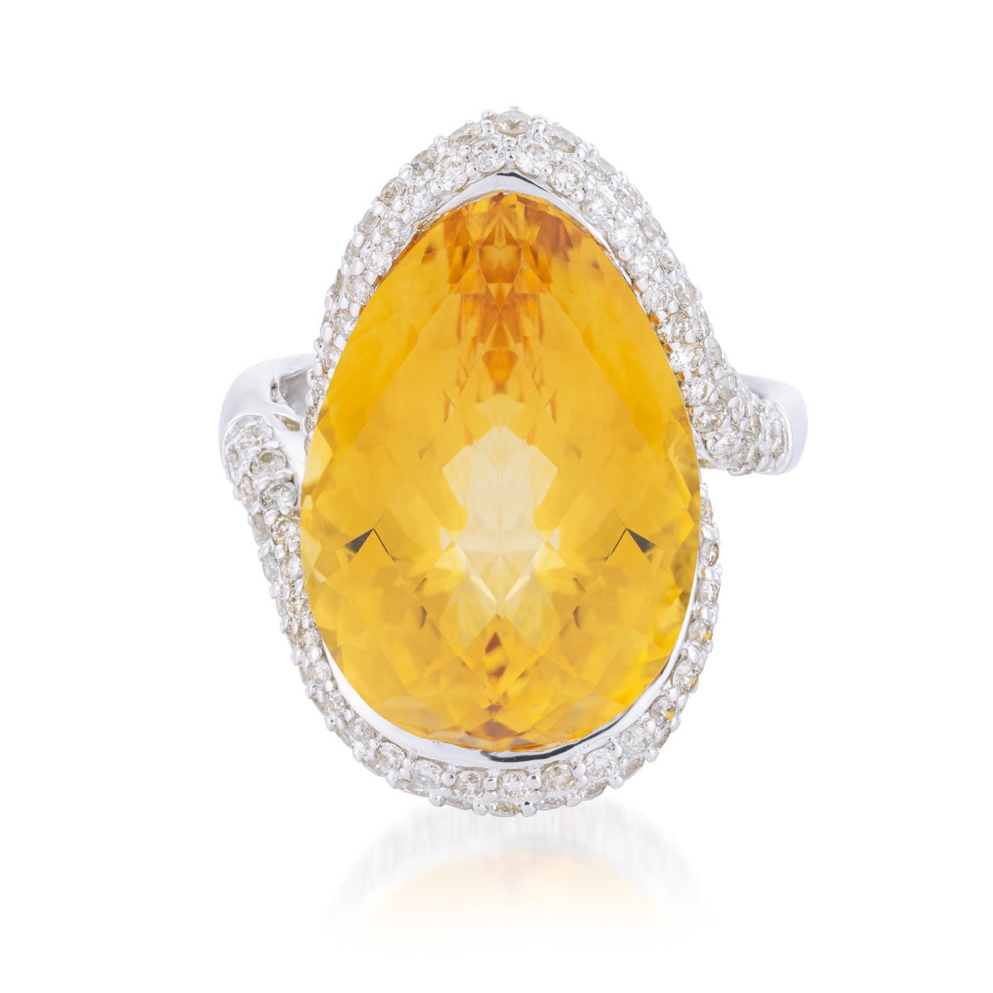 The Raffi&Co.® 14K White Gold Pear Citrine Ring features a pear-shaped citrine set in white gold with a band adorned with diamonds.