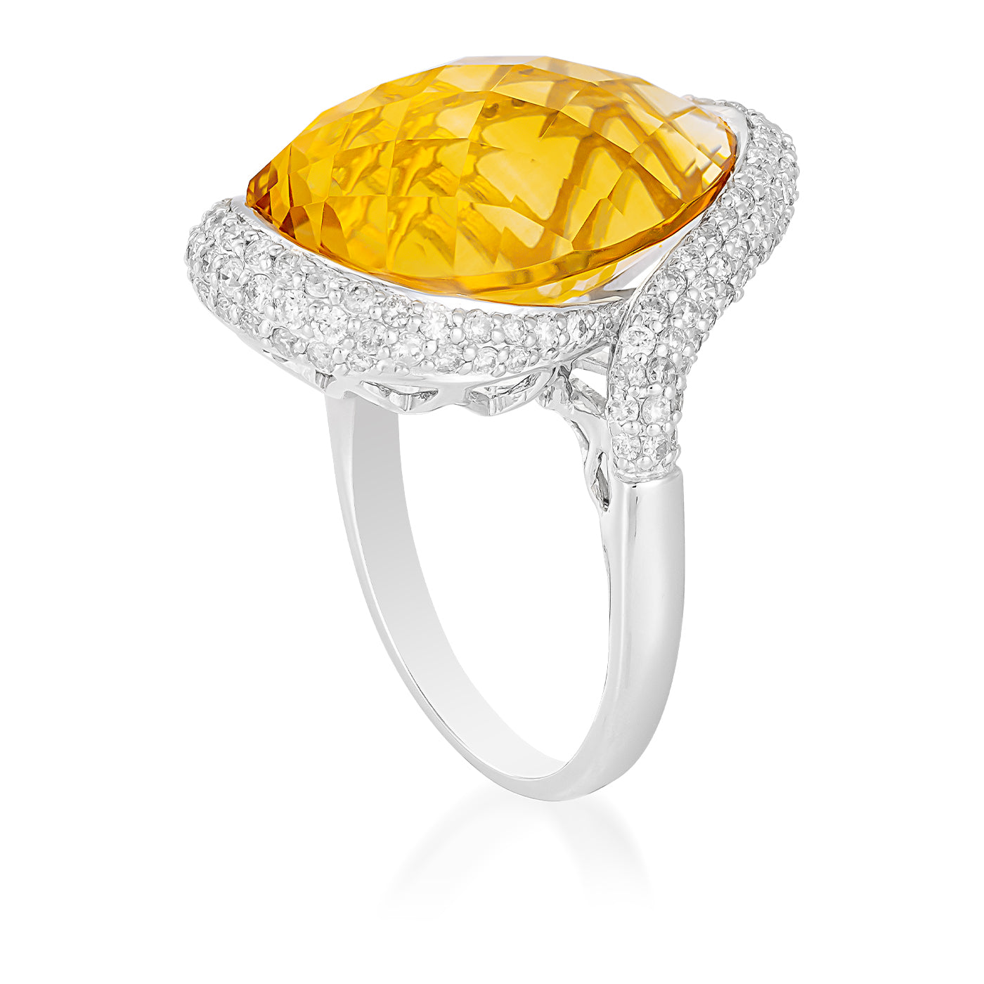 Introducing the Raffi&Co.® 14K White Gold Pear Citrine Ring, a stunning piece by Raffi&Co that showcases a striking pear-shaped citrine at its center, encircled by an array of dazzling white gemstones. The band features an elegantly curved design, highlighting its sophisticated craftsmanship.