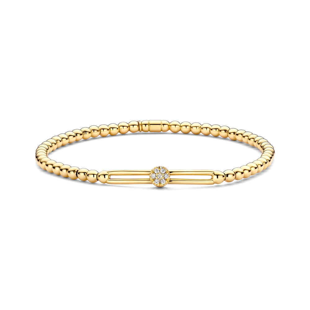 The Hulchi Belluni 18K Yellow Gold Diamond Bracelet features a central round cluster of SI-VS clarity diamonds set on a smooth gold bar, all shown against a plain white background.