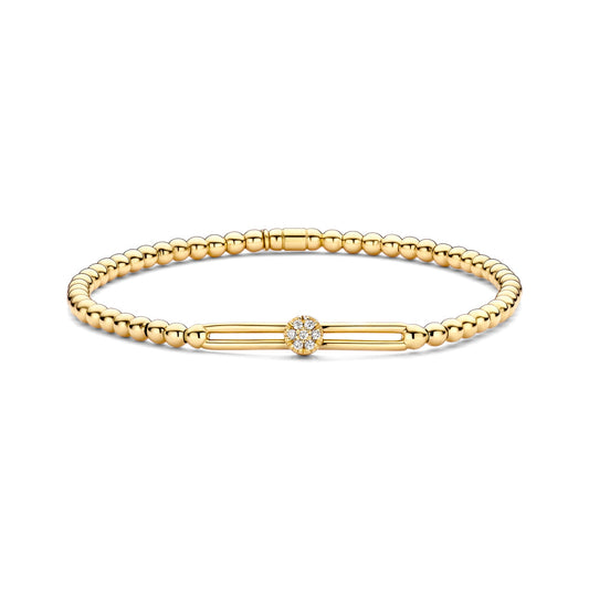 The Hulchi Belluni 18K Yellow Gold Diamond Bracelet features a central round cluster of SI-VS clarity diamonds set on a smooth gold bar, all shown against a plain white background.