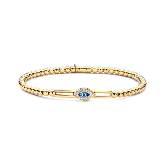 The Hulchi Belluni 18K Yellow Gold Diamond and Sapphire Bracelet features a central evil eye charm with blue, white, and clear stones set in 18K yellow gold.