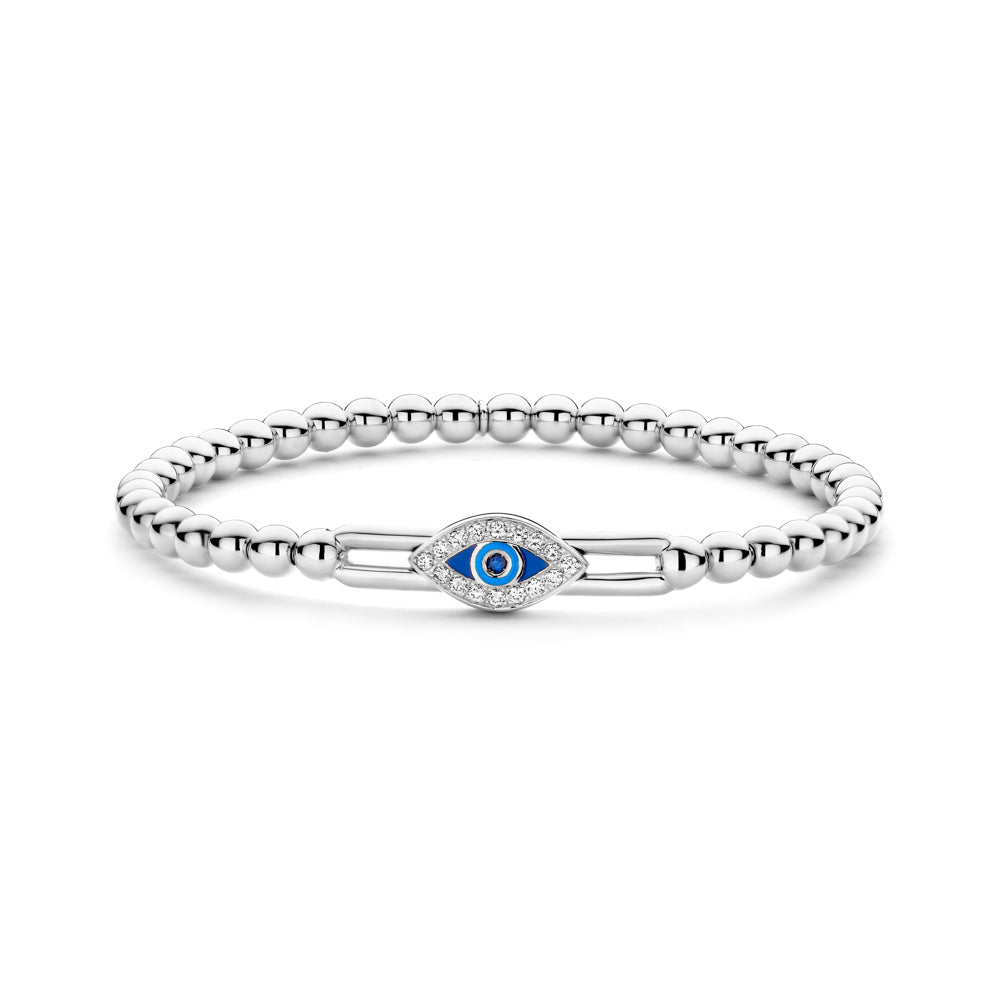 The Hulchi Belluni 18K White Gold Diamond and Sapphire Bracelet features an eye-shaped blue and white charm accented by a round brilliant diamond, evoking the classic evil eye symbol.