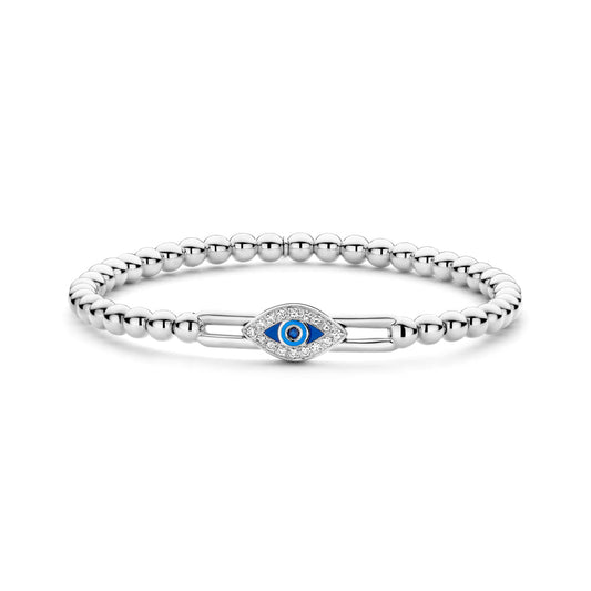 The Hulchi Belluni 18K White Gold Diamond and Sapphire Bracelet features an eye-shaped blue and white charm accented by a round brilliant diamond, evoking the classic evil eye symbol.
