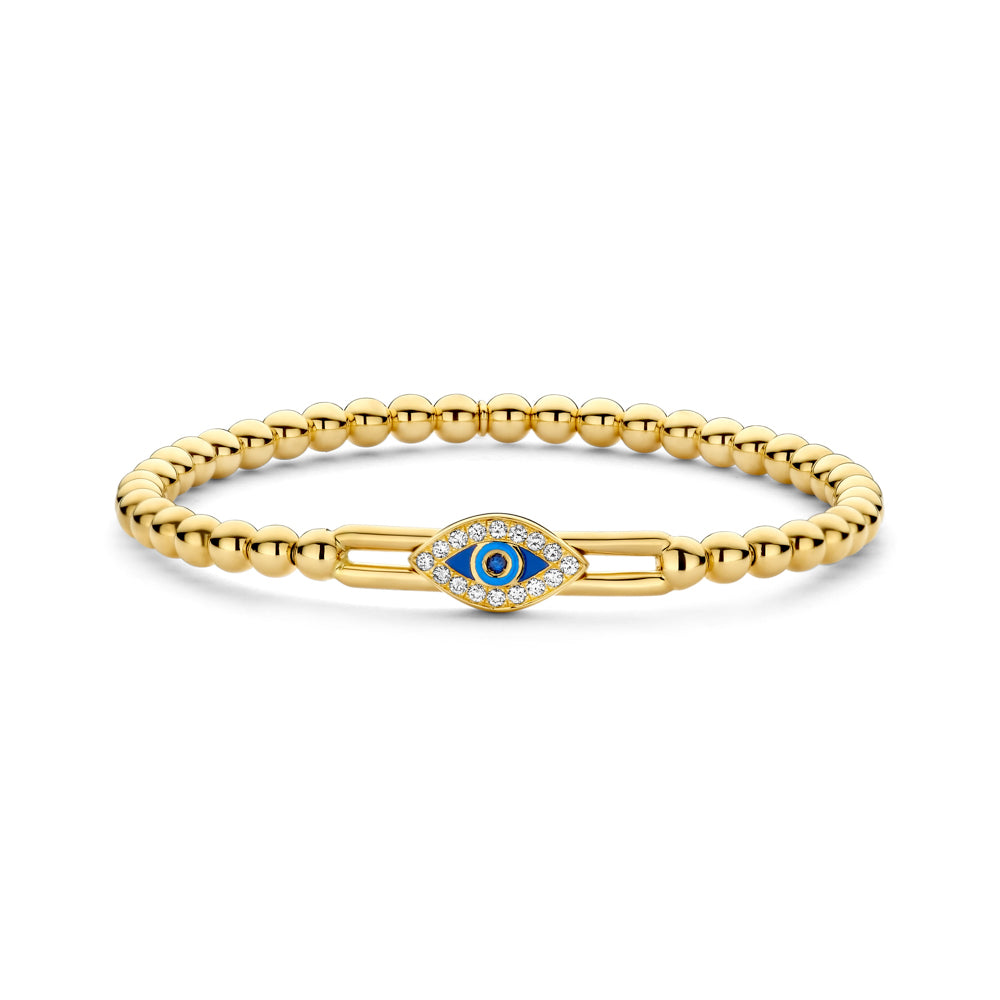 The Hulchi Belluni 18K Yellow Gold Diamond and Sapphire Bracelet features a gold beaded design with an evil eye charm accented by blue sapphires and white diamonds.