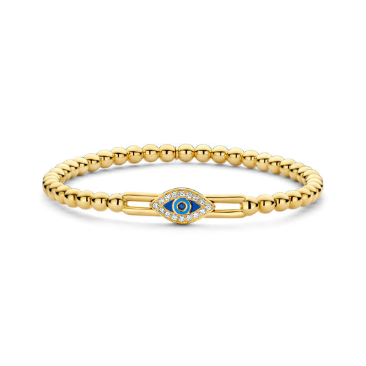 The Hulchi Belluni 18K Yellow Gold Diamond and Sapphire Bracelet features a gold beaded design with an evil eye charm accented by blue sapphires and white diamonds.