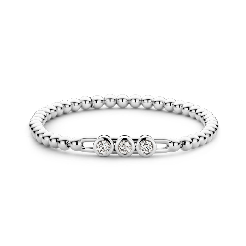The Hulchi Belluni 18K White Gold Diamond Bracelet features delicate beads and sparkling diamonds, showcased on a plain white background.