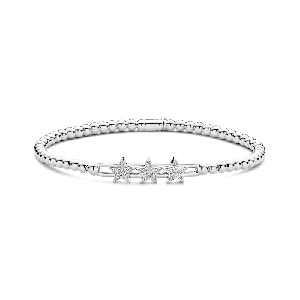 The Hulchi Belluni 18K White Gold Diamond Bracelet features silver beads and three star-shaped charms set with 0.13 CTW diamond accents, arranged side by side at the center for subtle brilliance.