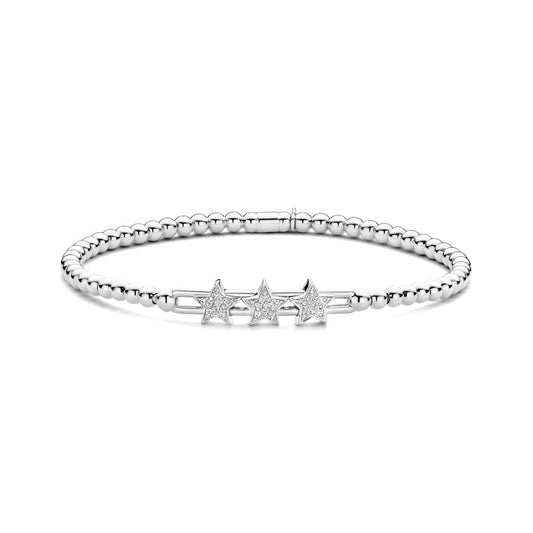 The Hulchi Belluni 18K White Gold Diamond Bracelet features silver beads and three star-shaped charms set with 0.13 CTW diamond accents, arranged side by side at the center for subtle brilliance.