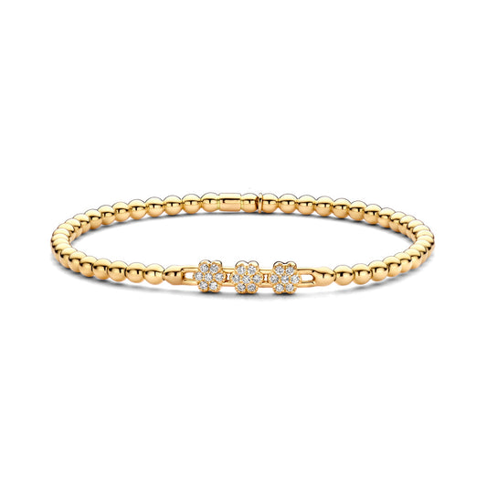 The Hulchi Belluni 18K Yellow Gold Diamond Bracelet features three flower clusters with 0.22 CTW round brilliant diamonds, all set in gold beads and displayed on a white background.