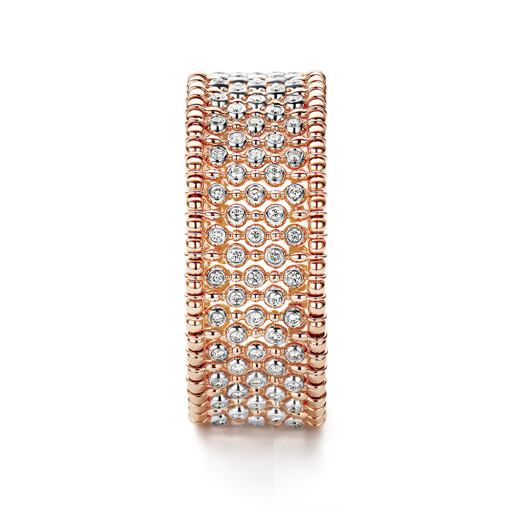 The Hulchi Belluni Tresore 18K Rose and White Gold Diamond Bracelet features sparkling round brilliant diamonds set in rose gold edges and 18K white gold, shown from the side against a white background.