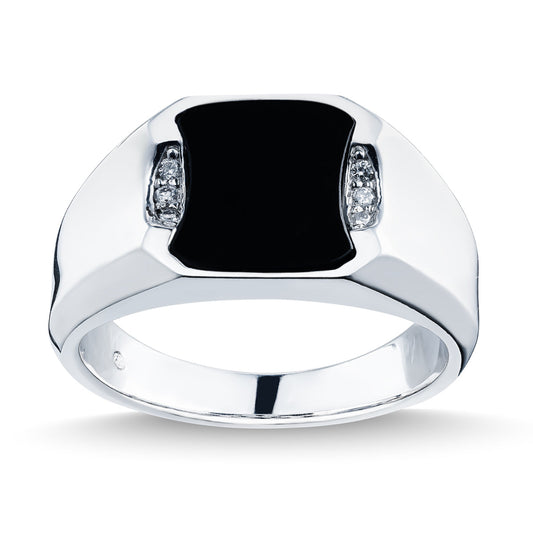 Introducing the Raffi&Co.® 10K White Gold Onyx with Diamond Men's Fashion Ring: a stunning piece showcasing a prominent black rectangular onyx at the center, elegantly accented by small clear diamonds on either side, all set against a white gold backdrop.