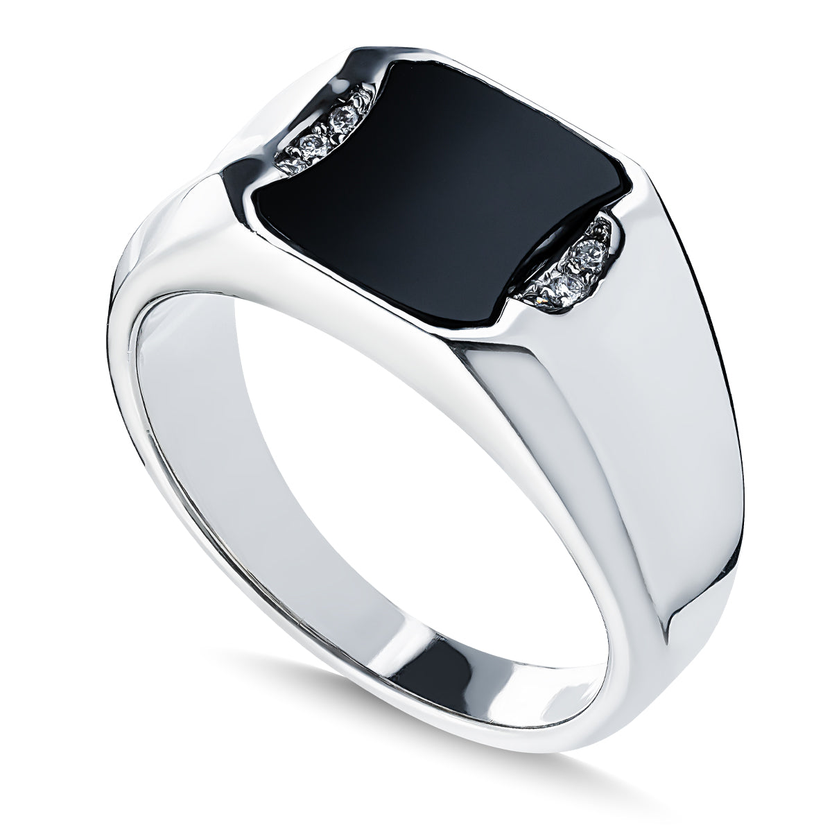 Introducing the Raffi&Co.® 10K White Gold Onyx with Diamond Men's Fashion Ring — a sophisticated accessory highlighting a rectangular black onyx stone, elegantly framed by shimmering diamonds.